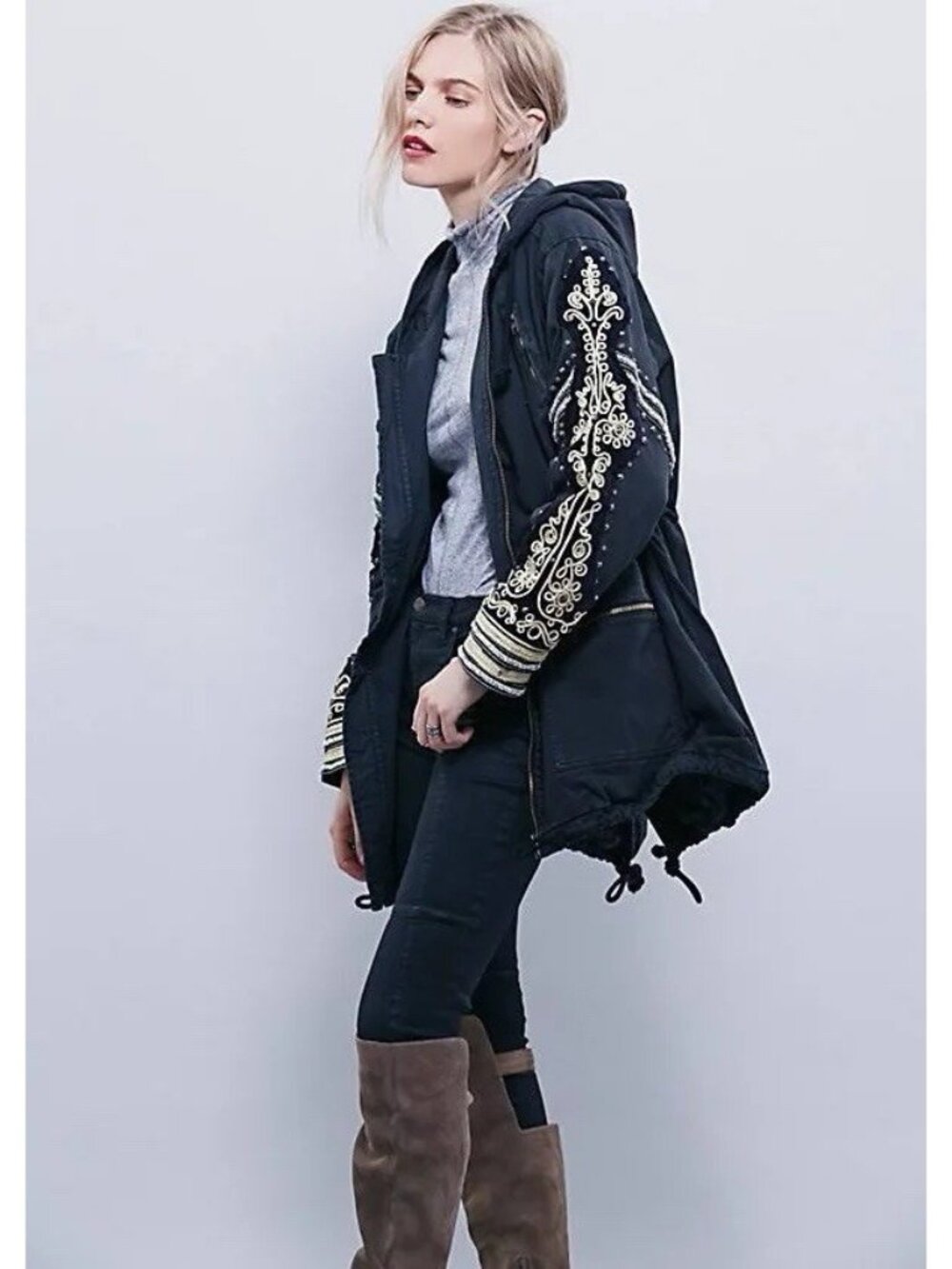 FREE PEOPLE Golden Quills Military Cargo Jacket Parka Embellished Studs Sz XS